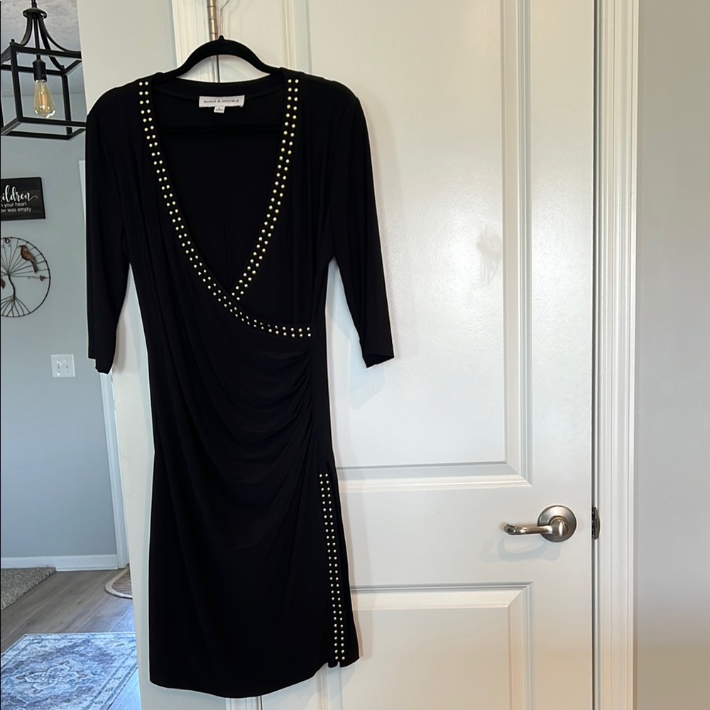 Emma & Michele Black Wrap Dress with 3/4 Sleeves